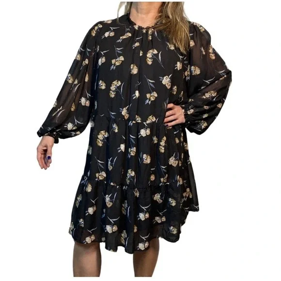 Ophelia Roe Floral Print Black A-Line Dress 2X Long Sleeves Cottagecore Fall - Picture 9 of 9